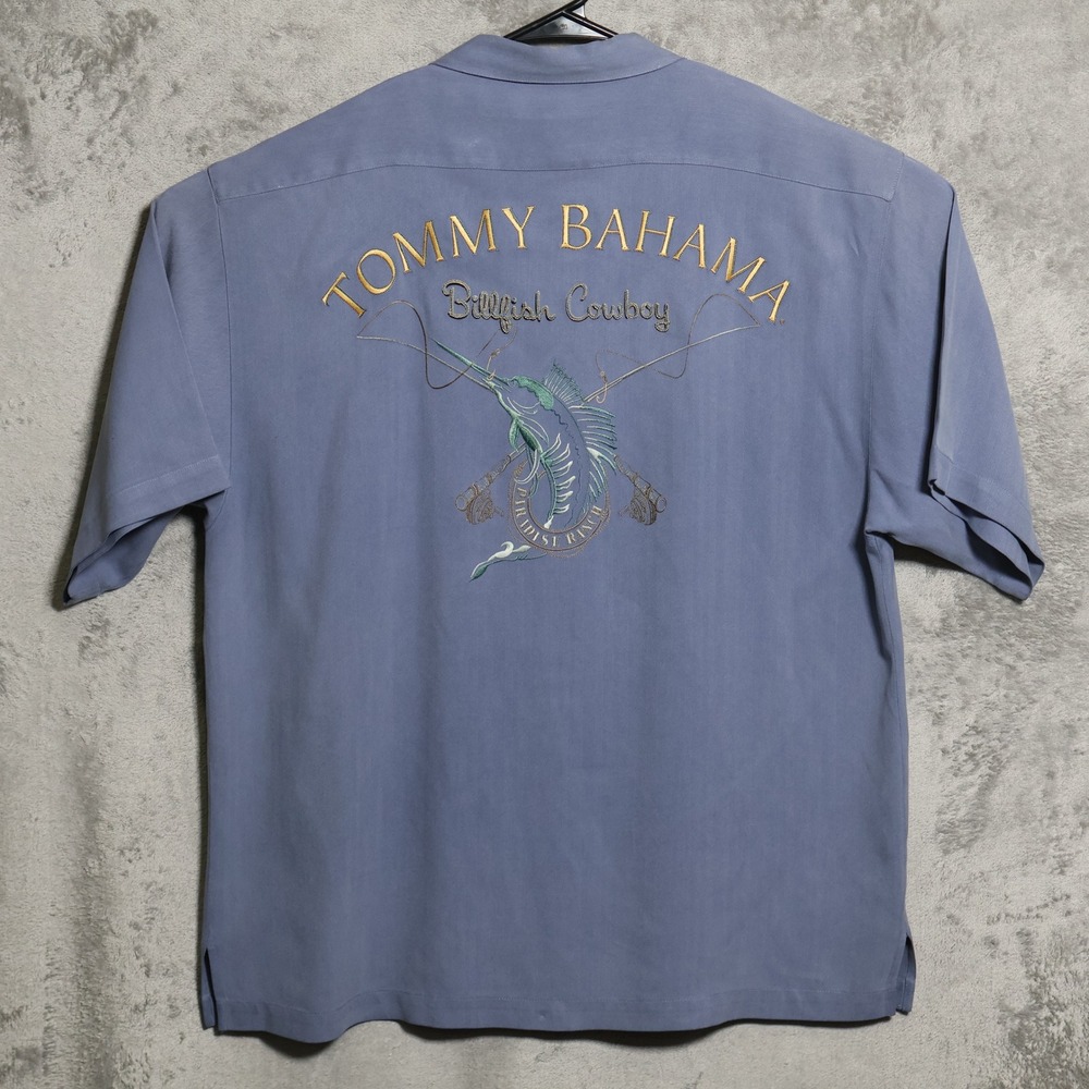 Tommy Bahama Shirt Mens Large Blue Billfish Cowboy Silk Herringbone Camp Casual